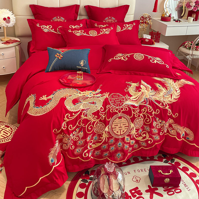 NEW WEDDING FOUR-PIECE SET BIG RED EMBROIDERY SIX-PIECE WEDDING ROOM WEDDING FESTIVE QUILT COVER DRAGON AND PHOENIX BEDDING