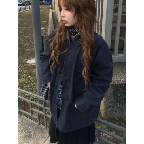 韩国东大门oheshio复古牛仔夹克女宽松翻领水洗做旧休闲长袖外套