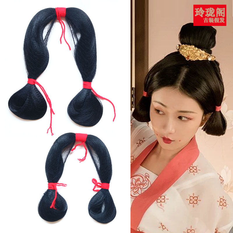 古装造型汉服襦裙坦领少女发包双垂环髻已绑好纯发束盛唐三角发髻