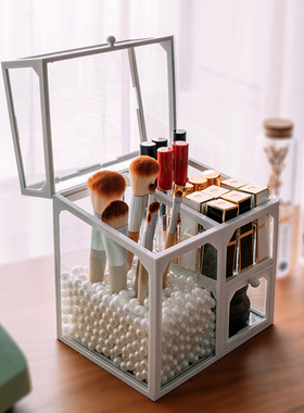 玻璃化妆刷收纳筒桌面防尘梳妆台化妆品收纳盒口红置物架收纳刷桶