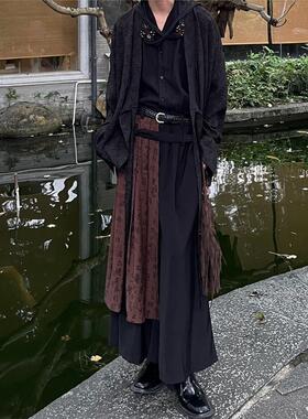 以休眠 复古新中式书法裁片拼接山本耀司风阔腿裙裤小众设计西裤