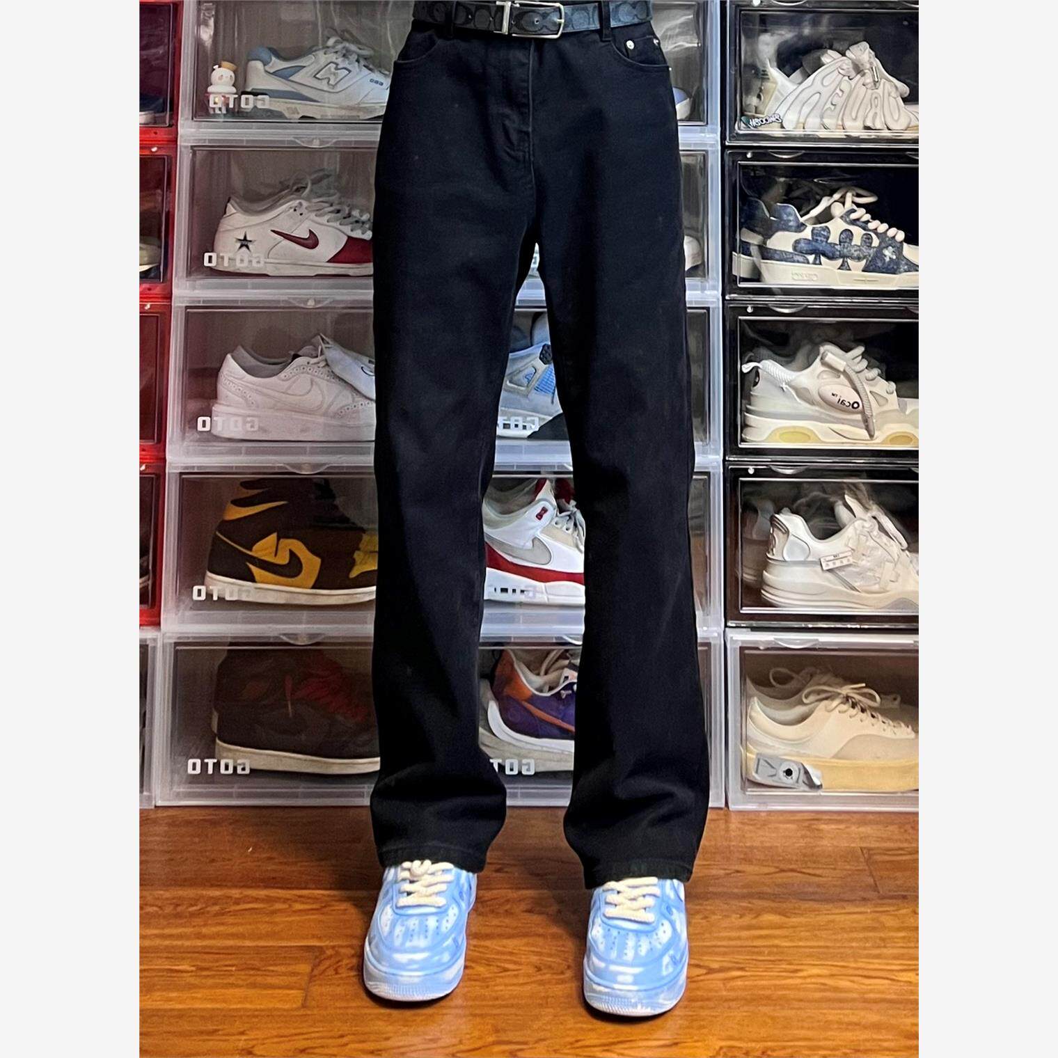 黑色基础微弹弹水洗中腰微喇纯棉牛仔休闲长裤男女