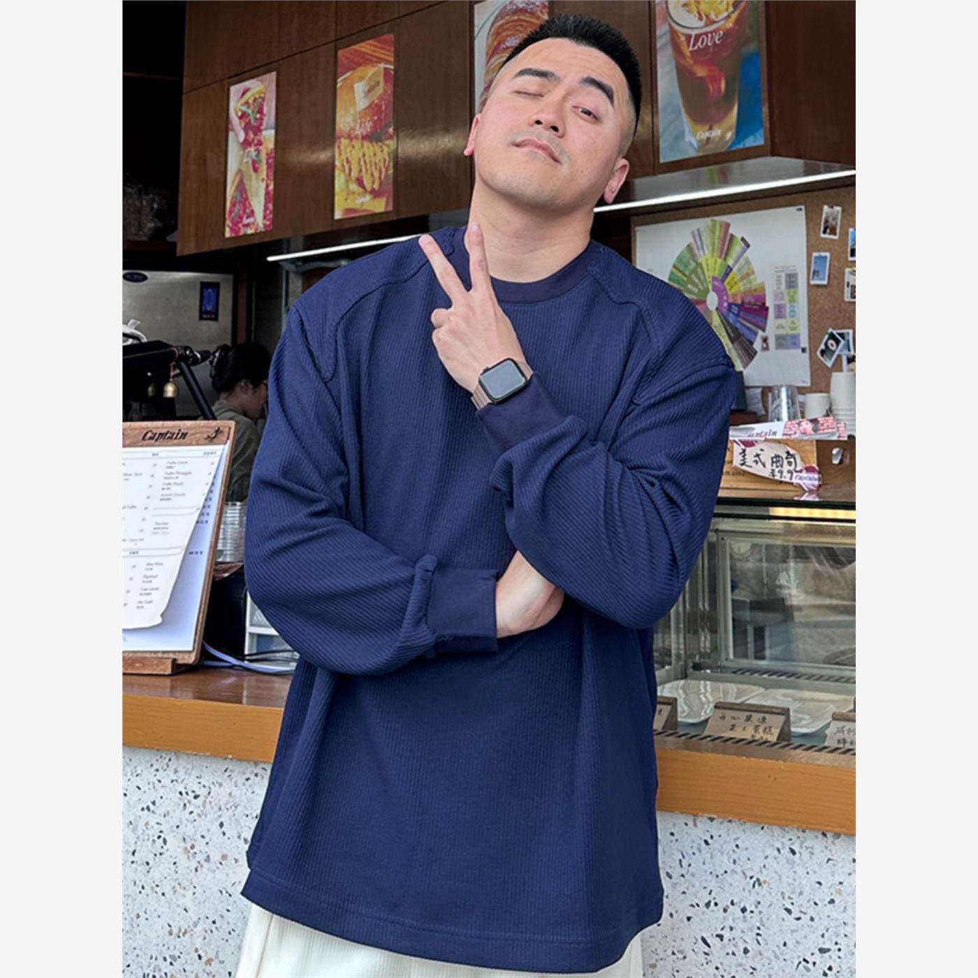 高级感褶皱套头卫衣男款廓形圆领长袖T恤宽松黑色垂感秋冬款