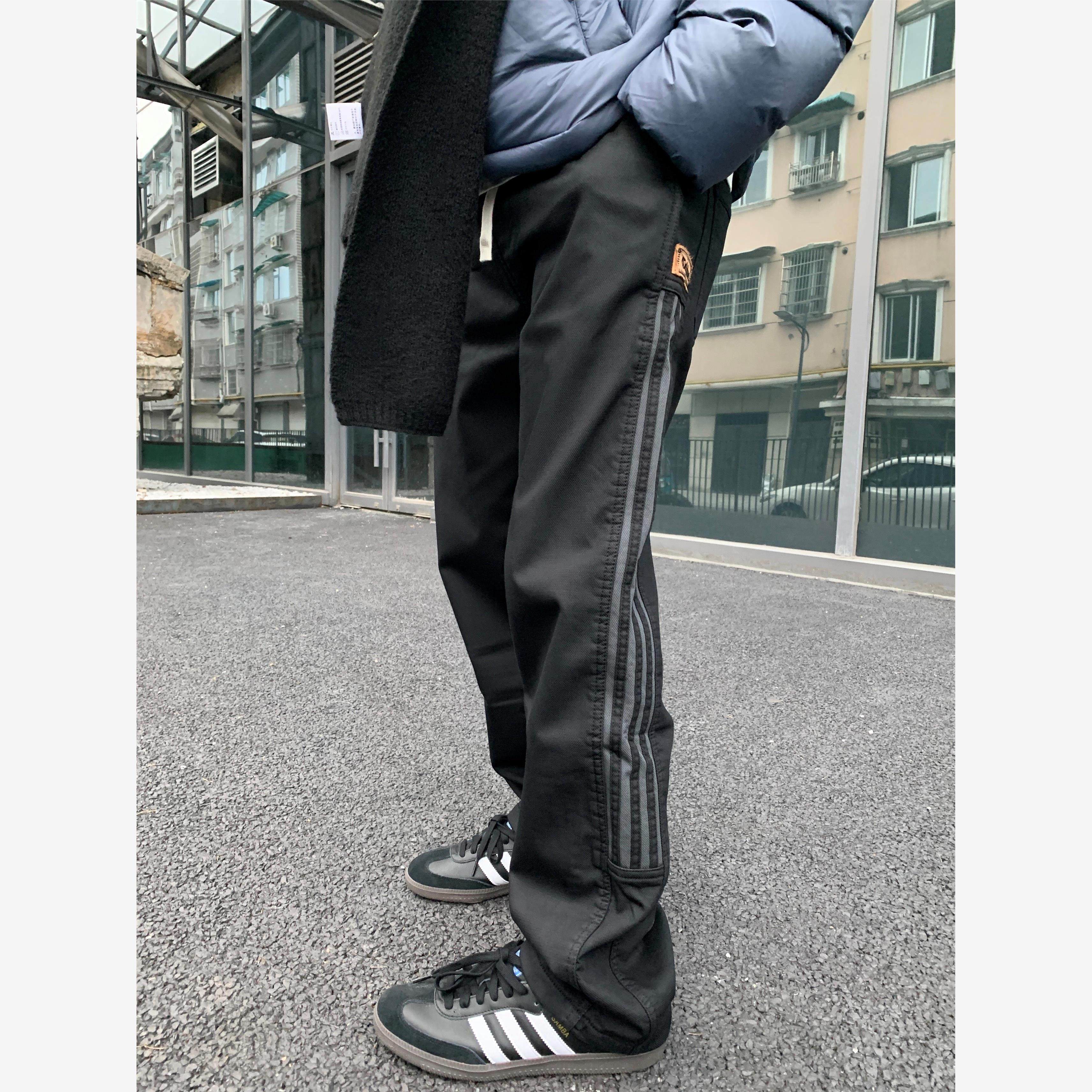 07QWER 夏季薄款简约黑色休闲裤条纹宽松直筒阔腿裤潮流运动卫裤