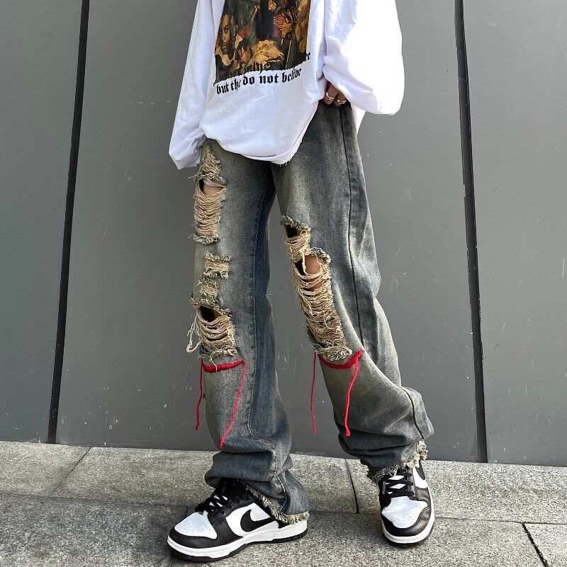 OOTDstudio韩版ins嘻哈潮牌美式高街破洞牛仔裤直筒休闲长裤男女