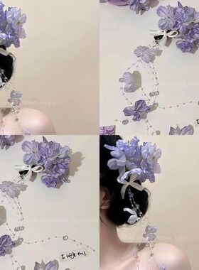 2026新款中式紫色绣球花流苏发夹复古花朵侧边发饰高级感头花发饰