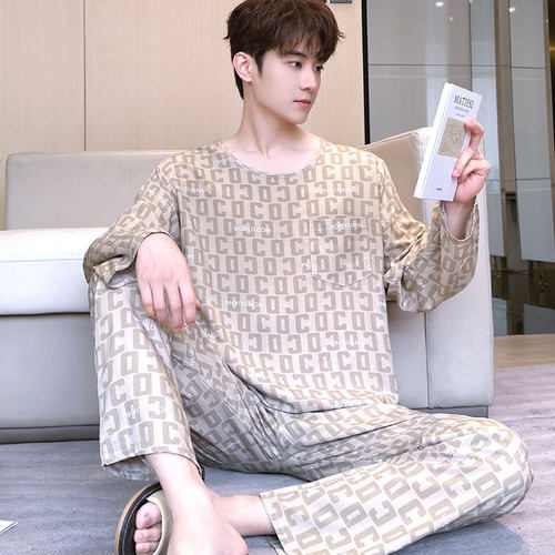 棉绸夏季薄款睡衣男长袖套装高档