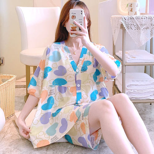 棉绸夏季薄款短袖短裤睡衣女套装