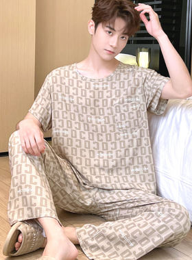 棉绸夏季薄款睡衣男短袖长裤套装