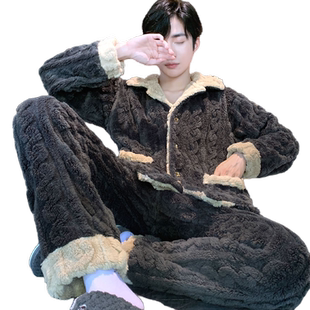 男款冬季睡衣珊瑚绒加绒加厚保暖大码套装秋冬季法兰绒新款家居服