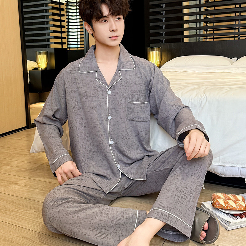 男士睡衣春秋夏天棉绸长袖人造棉家居服青少年学生大码居家服套装