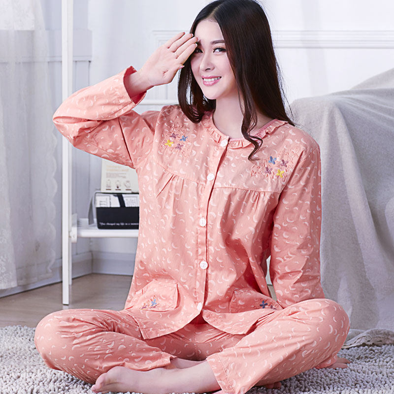 纯棉长袖睡衣女春秋套装全棉梭织宽松大码中年夏季薄款妈妈家居服