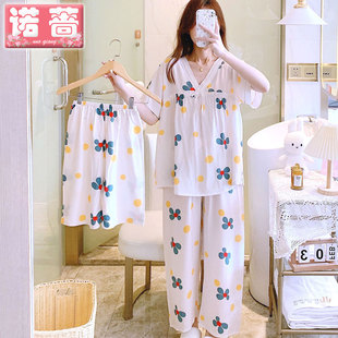 新款棉绸睡衣女夏季薄款套装短袖短裤韩版可爱人造棉家居服三件套