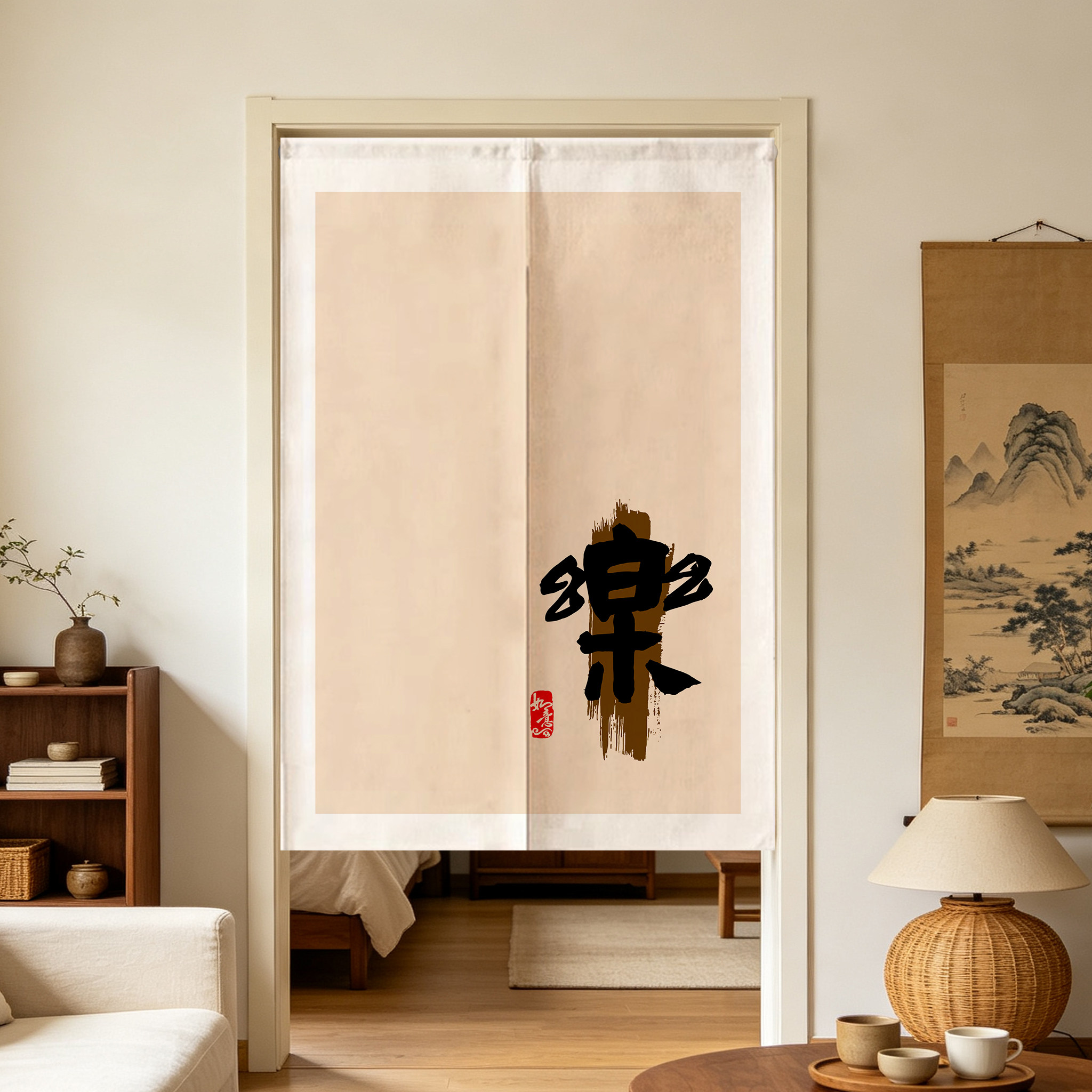 中式简约文字门帘隔断帘厨房防油烟遮挡帘免打孔餐厅饭店半截挂帘
