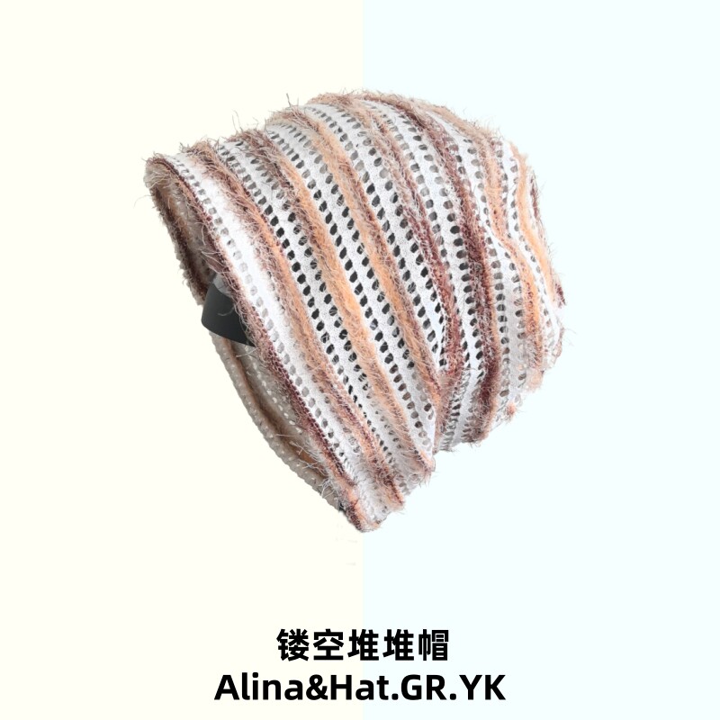 薄款透气条纹镂空堆堆帽女夏季包头帽显脸小宽松冷帽百搭套头帽子