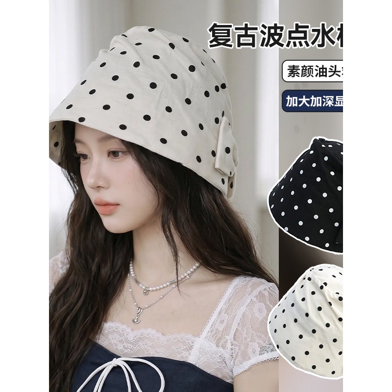 复古波点蝴蝶结渔夫帽女夏季显脸小大头围防晒遮阳水桶帽圆顶女士