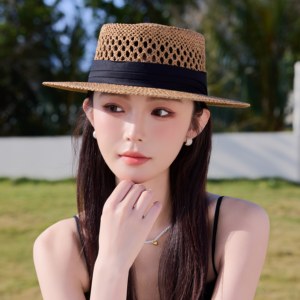 法式草编平顶镂空防晒沙滩帽女