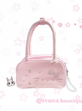 IVONA【奶泡泡缎^】原创烫钻粉色kitty少女心Y2k猫咪手提包包女