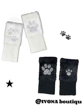 IVONA【小狗爪】原创手工亚文化y2k烫钻设计可爱辣妹保暖半指手套