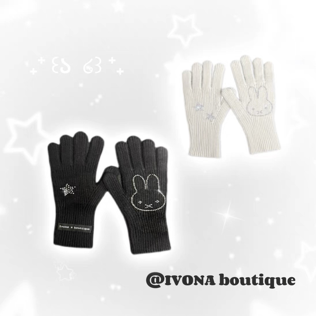 IVONA【黑兔酱^】原创diy可爱韩女烫钻米菲兔冬季保暖可触屏手套
