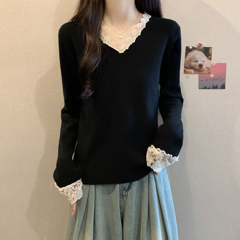 实拍 胖妹妹秋装大码女装蕾丝拼接设计感V领花边毛衣显瘦针织上衣,女装/女士精品,大码内搭,淘宝优惠券,粉丝福利购,淘宝优惠卷