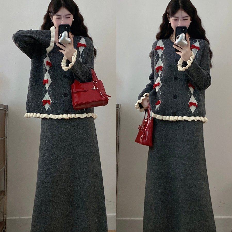 实拍大码秋冬韩系甜美高级感蝴蝶结木耳边针织毛衣+半身裙套装,女装/女士精品,大码套装,淘宝优惠券,粉丝福利购,淘宝优惠卷