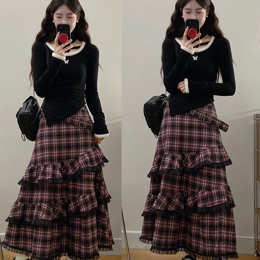 实拍大码女装早秋韩系不规则加绒针织上衣格纹粉色蛋糕半身长裙,女装/女士精品,大码套装,淘宝优惠券,粉丝福利购,淘宝优惠卷