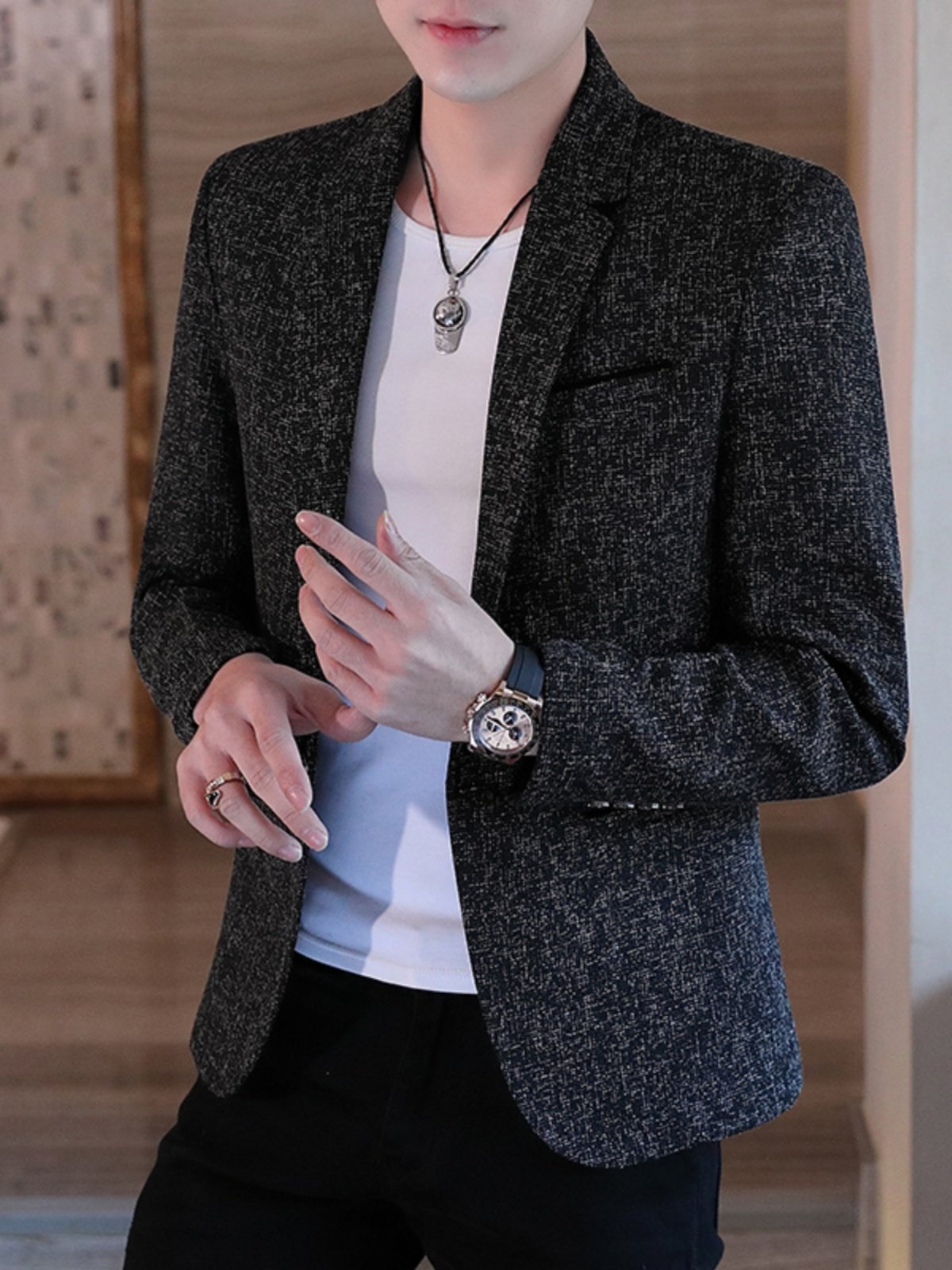 春秋男士休闲西服潮流品质百搭上衣加厚外套男韩版薄绒修身小西装