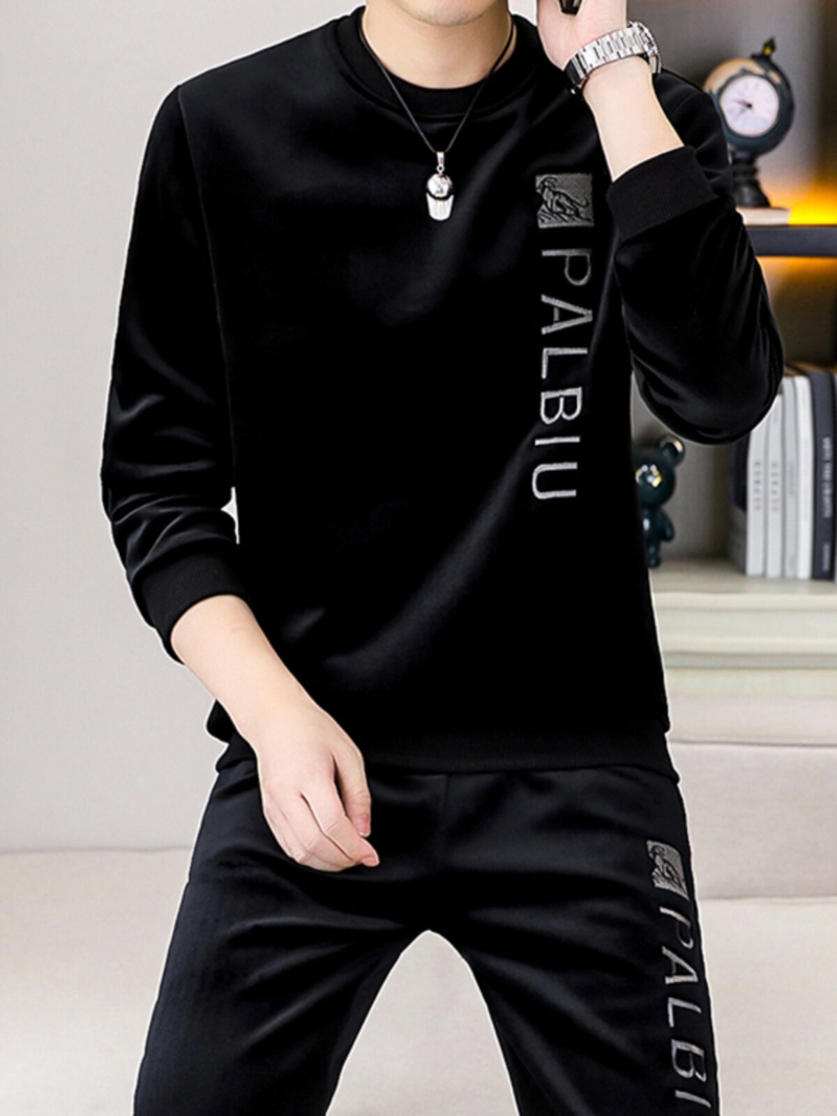 秋冬季卫衣卫裤男士双面加绒厚款休闲运动服套装金丝绒刺绣两件套