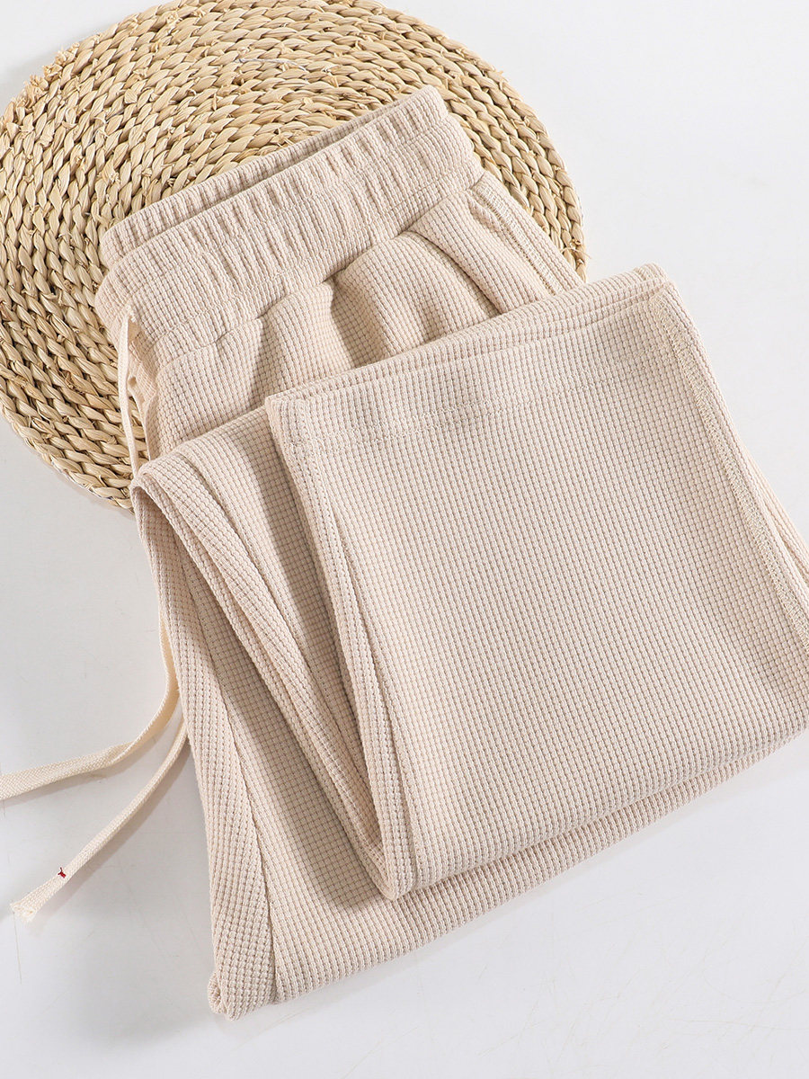 华夫格重磅卫裤男宽松垂感杏色直筒裤子春秋新款大码运动休闲长裤