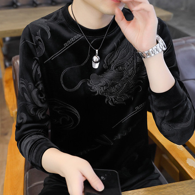 春秋金丝绒打底衫男士商务休闲厚款卫衣中青年冬季双面绒大码T恤