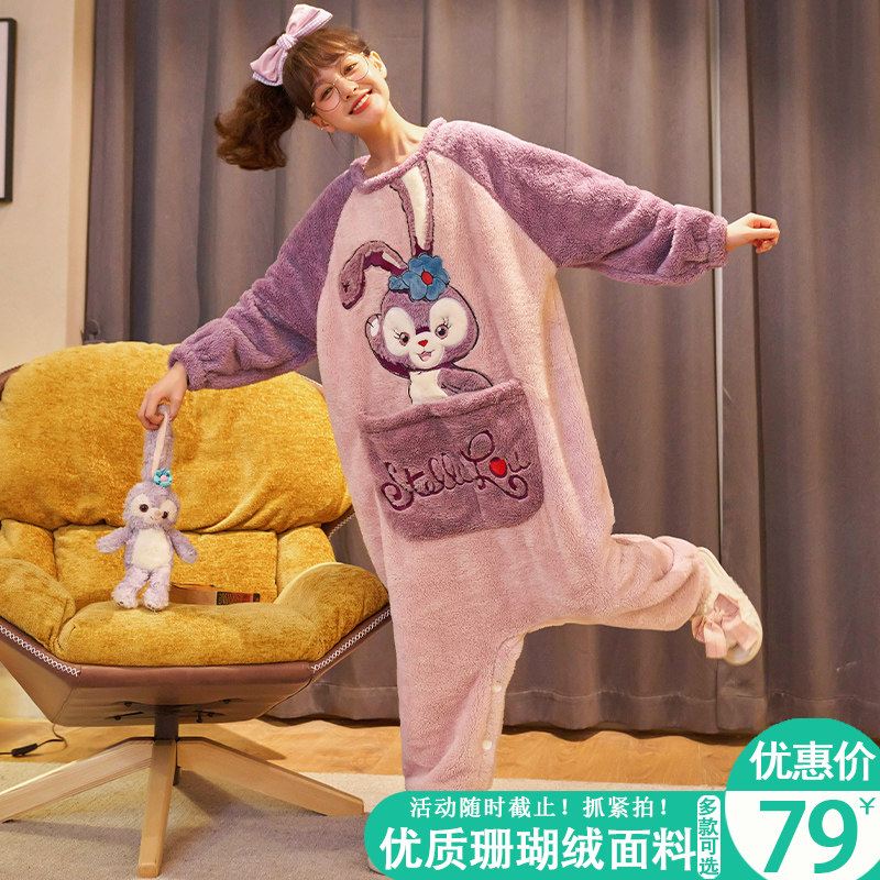 连体睡衣女冬季法兰绒大码宽松可爱卡通珊瑚绒加厚加绒保暖家居服