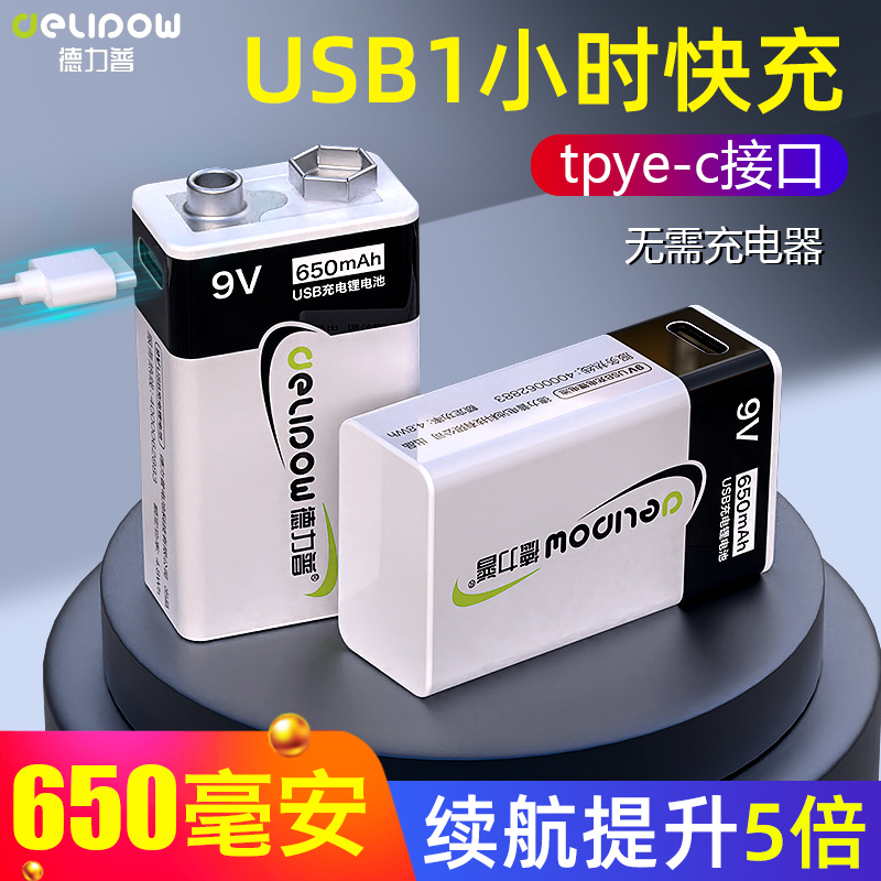 德力普9v锂电池可充电usb