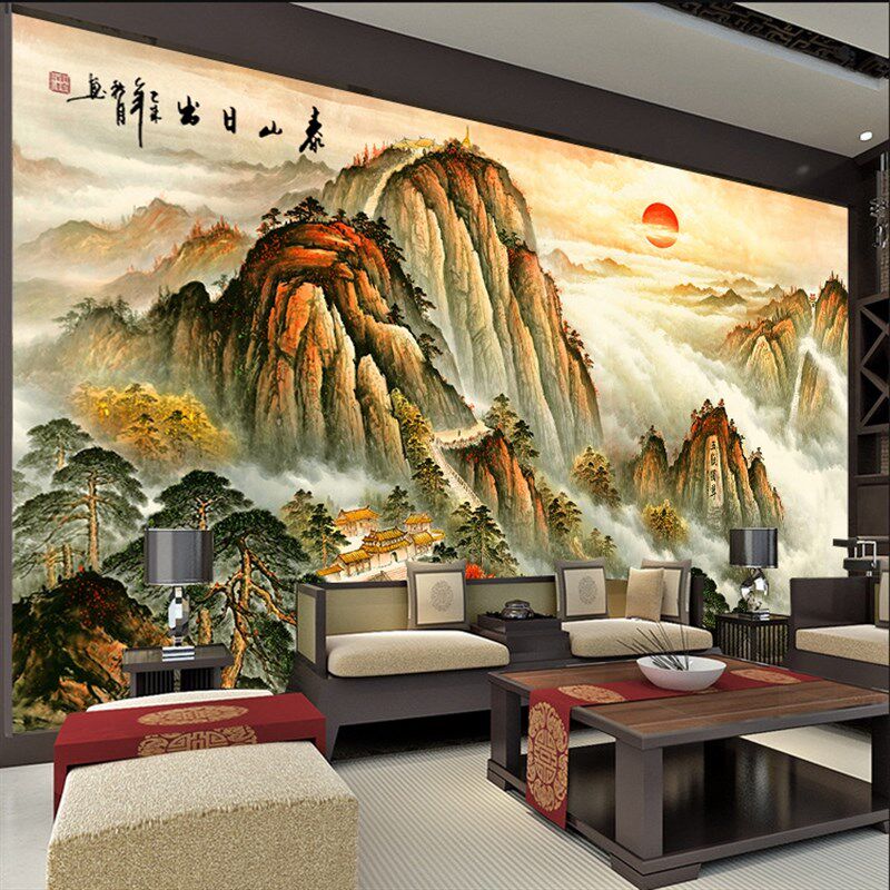 2023中式客厅电视背景墙壁纸办公室店H面茶室大厅沙发装饰墙纸壁