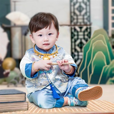 男宝周岁礼服秋季抓周中式宝宝生日宴百天男童中国V风唐装一岁冠