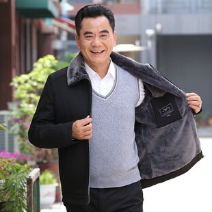 棉服加絨加厚外套中老年人V爺爺冬季 中老年棉衣男爸爸冬裝 棉襖服