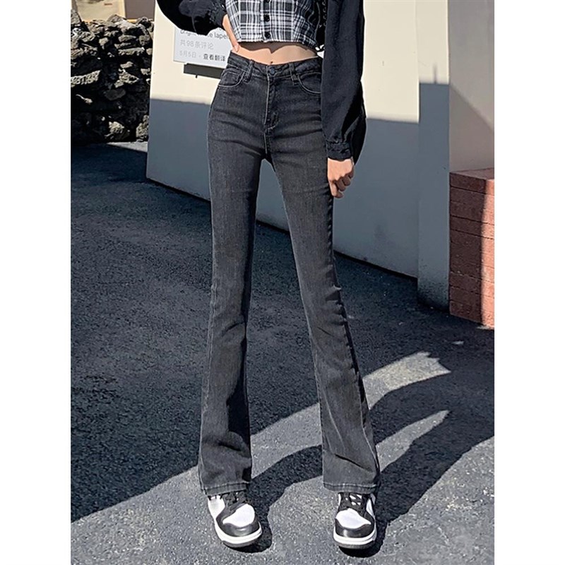 烟灰色紧身牛仔裤女2024年春季新款加长喇叭裤高腰修身微喇拖地裤