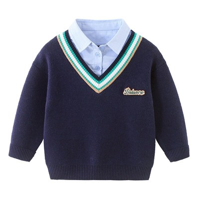 男童假两件毛衣外i套学院风2024秋冬季儿童衬衣领套头针织衫8118
