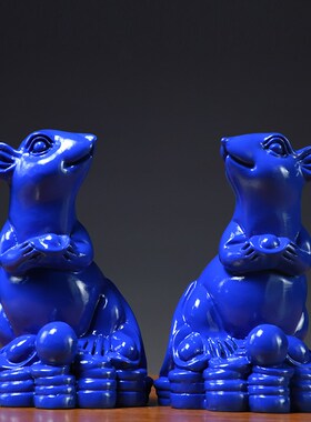 蓝色木雕老鼠摆件十二生肖招财鼠家居饰品客厅装饰红木工艺品礼品