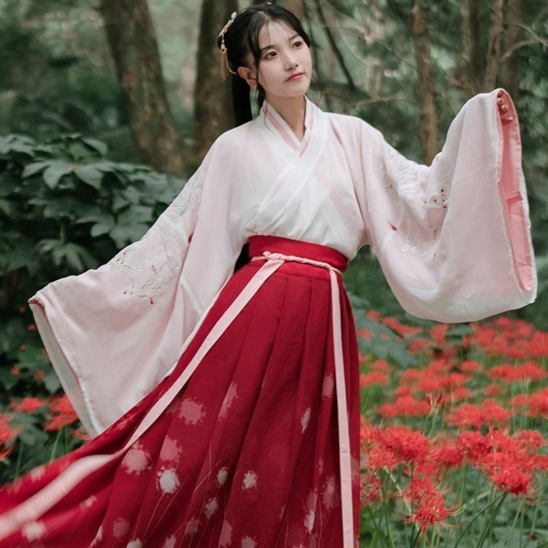 魏晋风汉c服女梨花渡202z3日常春夏秋装红色交领齐腰襦裙