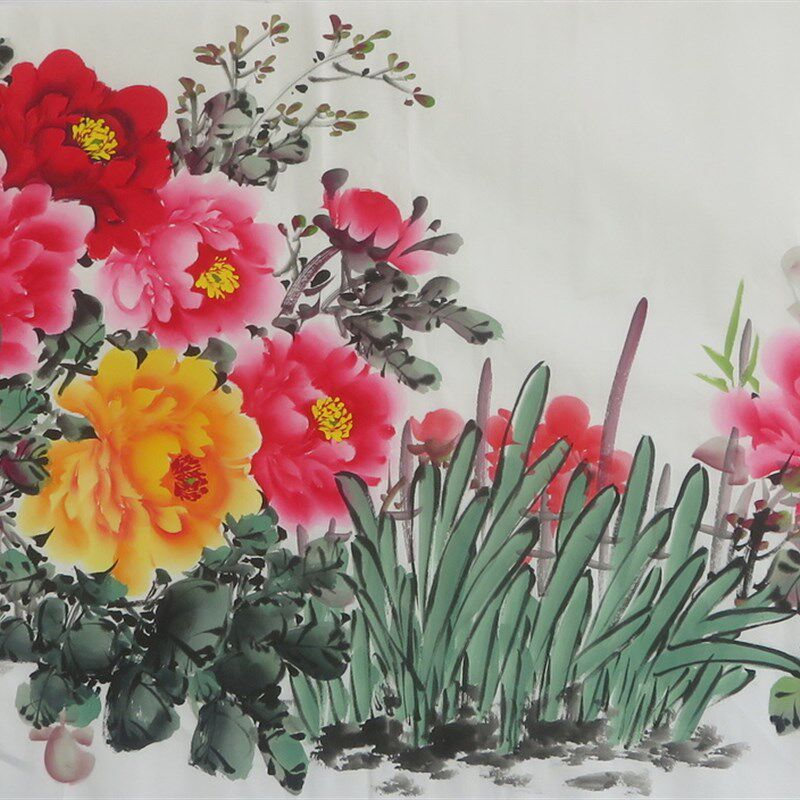 手绘国画牡丹花画小六尺水墨花鸟画横幅现J代无款字画客厅装饰画E