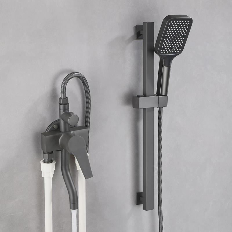 明装带下出水卫生间花洒枪灰色全铜龙头浴室沐浴淋浴明.管花洒套