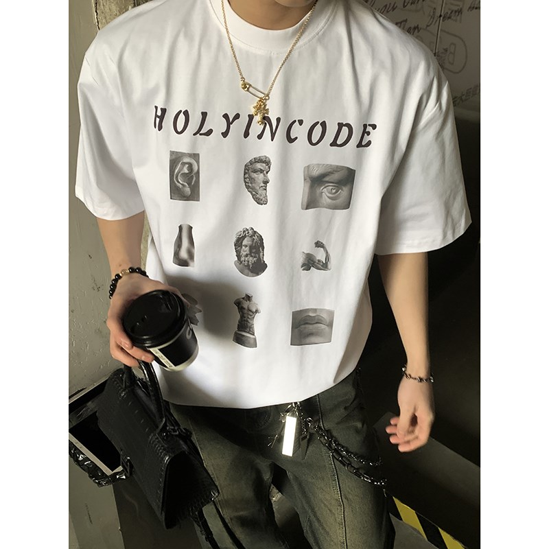 PLTH*美式复古重磅白色圆领雕塑印花设计感P小众宽松潮牌情侣短袖