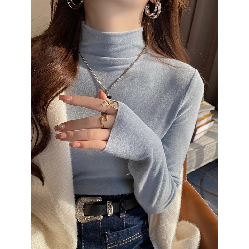 蓝色高领打底衫女秋冬内搭可外y穿堆堆领长袖T恤加厚德绒保暖上衣
