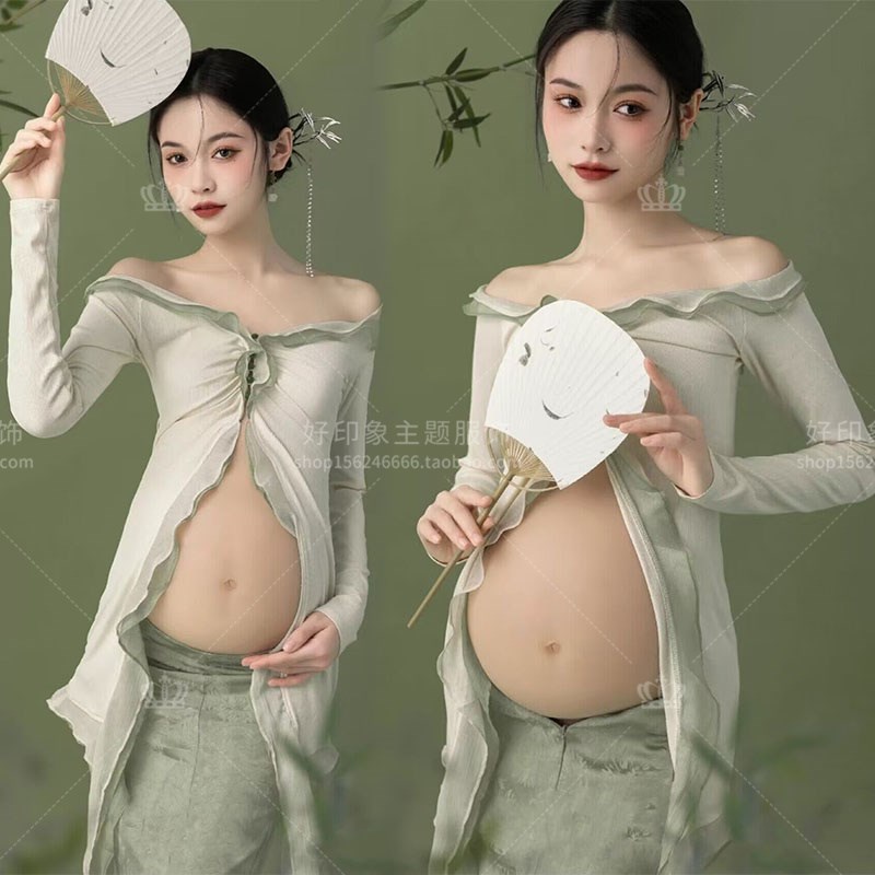 孕妇影楼拍照主题服装新款中式复古修身开L衫连衣裙孕妈写真艺术