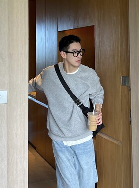 王几又 灰色春季宽松卫衣男春A秋休闲日系圆领套头长袖上衣基础款