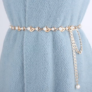 新品甜美叶子珍珠女士金属细腰链腰带配裙子装饰百搭链条韩版裙带