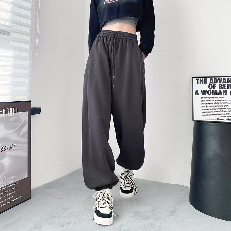 深灰色运动裤女秋冬大尺码胖mm宽松休闲裤显瘦加绒直筒阔腿束脚卫