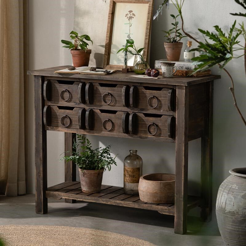 润家家居田园复古实木格子u收纳柜美式老杉木斗柜阳台花盆架储物