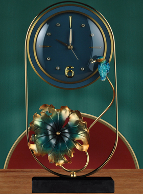 彩铜座钟摆件翠鸟中式创意时钟家居客厅卧室装饰品乔迁商务礼品